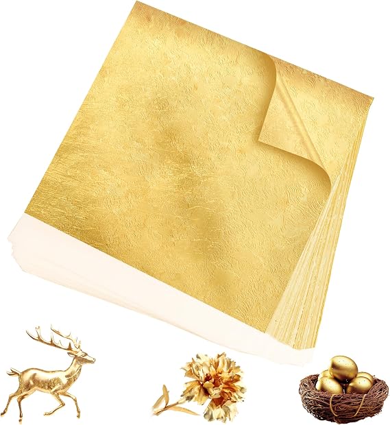 300Pcs Gold Leaf,5.1"x5.1" Gold Leaf Sheets for Art & Craft,Gold Foil Paper | Glitter No Edible Imitation Gold Flakes Foil Paper Sheet for Furniture Transfers,Nail,DIY Jewelry, Art Supplies,Wedding Decor