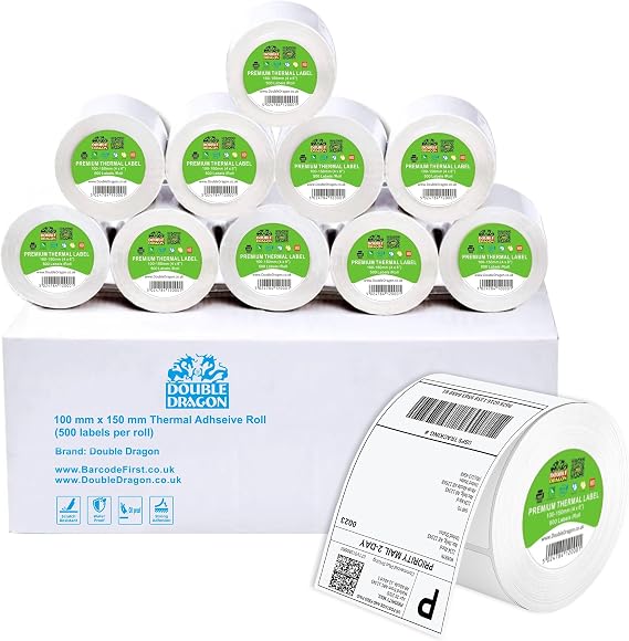 Double Dragon 100 x 150 mm (4" x 6") Premium Coated Self-Adhesive Direct Thermal Label for Zebra, MUNBYN Printers [10 Roll - 5000 Label]