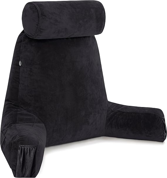 Husband Pillow Medium Reading Pillow with Arms - 23" Backrest for Sitting Up in Bed - Firm Support Bed Rest Pillow for Adults, Neck Roll, Removable Cover - TV, Reading, Lounging - Black