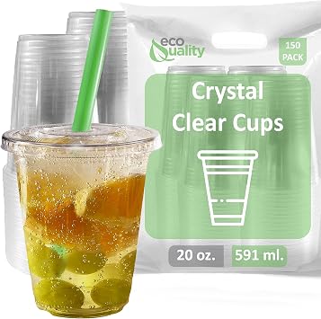 Clear Plastic Disposable Cups with Lids and Smoothie Straws 150 count - 20 oz (ounces) Clear PET Cup for Smoothies, Protein Shakes, Bubble Tea, Iced Coffee, Boba, Fresh Juice, Meal Prep, Party Cup