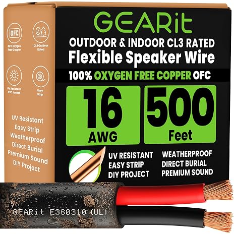 GEARit 16 AWG Outdoor Speaker Wire 500 FT,16/2 OFC Cable for Patio&Garden