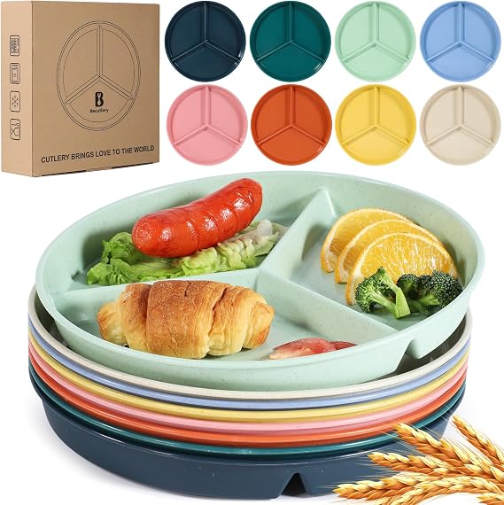 9.6Inch Multicolor Wheat Straw Divided Plates for Adults - 8PCS. Unbreakable Round Design with 3 Compartments for Portion Control. Reusable for