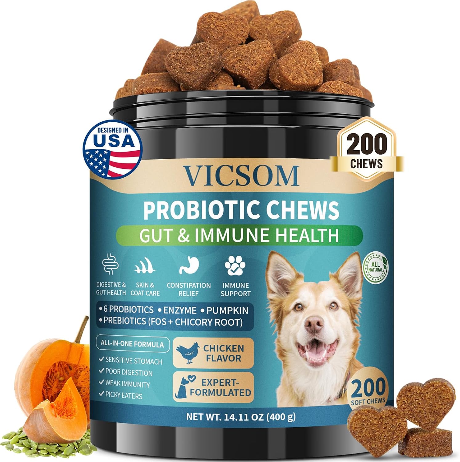 VICSOM Probiotics for Dogs, 200 Dog Probiotics for Gut Health & Skin Comfort- Dog Probiotic Supplements, Digestive Care for All Dog, Dog Probiotic Chews for Dogs, Chicken Flavor