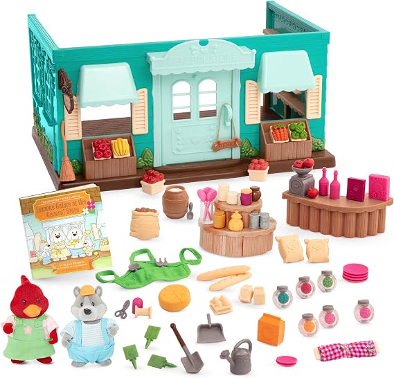 Li'l Woodzeez General Store Dollhouse Playset, 72 Pieces Storybook, Medium | Honeysuckle Hollow store with 2 posable animal figures, 1 storybook, counter, furniture and accessories, Playsets, 3+ Years