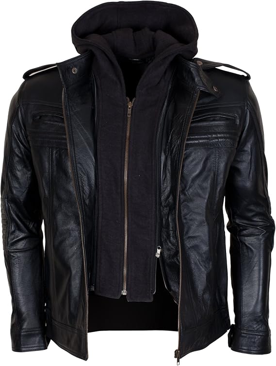 Aj Men Styles Men Detectable Hood Black Leather Jacket