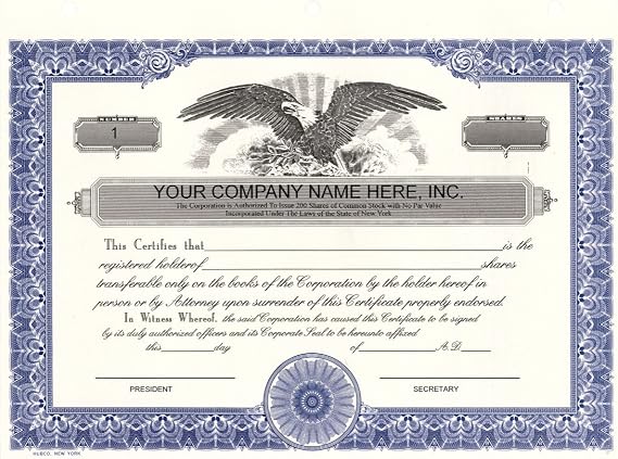 HUBCO Stock Certificates with Custom Printed Corporate Info, (Blue, 20-Pack)