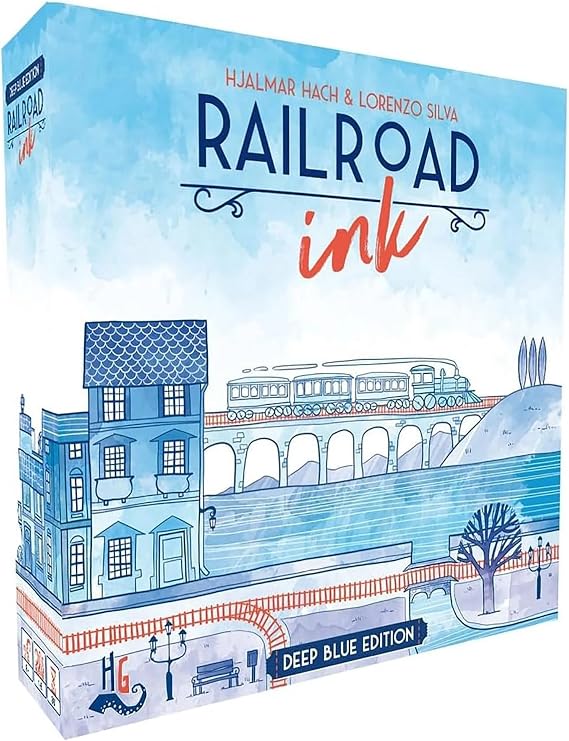 Horrible Guild Railroad Ink: Deep Blue Edition - Roll Dice and Draw Railways and Routes, 7 Rounds to Expand Your Rail Map - Expansion Dice Included Ages 8 & Up (Packaging may vary)
