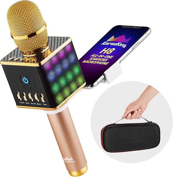 Karaoke Microphone - Wireless, Bluetooth Karaoke Machine for Kids & Adults - Includes Mic with Speaker & Phone Holder - Perfect for Rock n' Roll Parties (H8 Yellow Gold)