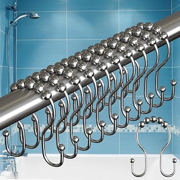BigFoot Shower Curtain Hooks - 12 Rust-Resistant Stainless Steel Double Hooks, Easy Glide & Secure Hold, Fits Any Shower Curtain Rod, Rings Hold Liners & Curtains, Nickel Color