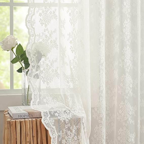YJ YANJUN Beige Net Curtains 54 drop Sheer Lace Curtains for Bedroom Heavy Short Window Voile Rod Pocket Set of 2 52 W x 54 L Inch(132cm x 137cm),Light Beige