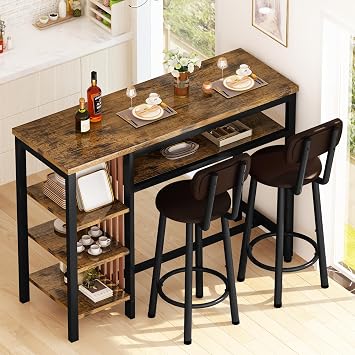 DKLGG 3 Pieces Bar Table and Chairs Set, 47.2 Inch Counter Height Kitchen Table Pub Table with 4 Storage Shelves, Industrial Bar Table Set Dining Table Set, 2 PU Upholstered Stools with Backrest