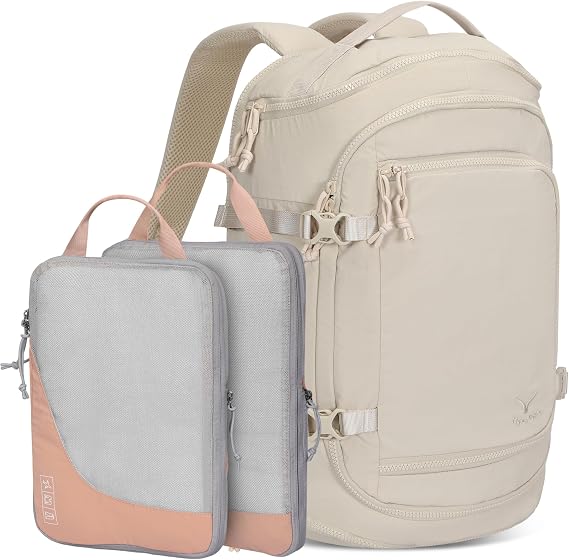 Hynes Eagle Travel Laptop Backpack 16 inches Lightweight Flight Approved Carry on Personal Item Bag Weekender Bag Daypack 20L Beige with Compression Packing Cubes Set 2PCS Light Pink