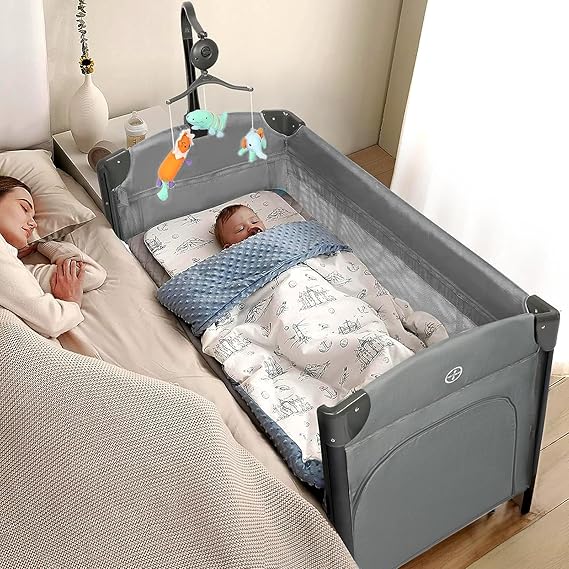 JOYMOR Baby Bedside Bassinet, Baby Bassinet, Pack n Play Convert Playpen, Quick Foldable Travel Bed with Wheels & Brake, Carry Bag for Boys Girls (Gray)