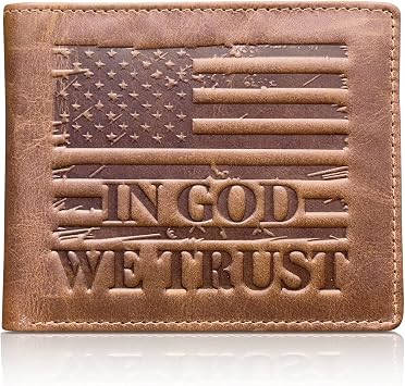 American Flag Wallet for Men,#39;IN GOD WE TRUST' RFID-Blocking Cowboy Wallet, Full-Grain Leather, 10 Card Slots, Distressed Vintage Brown Western Bi-Fold Wallet