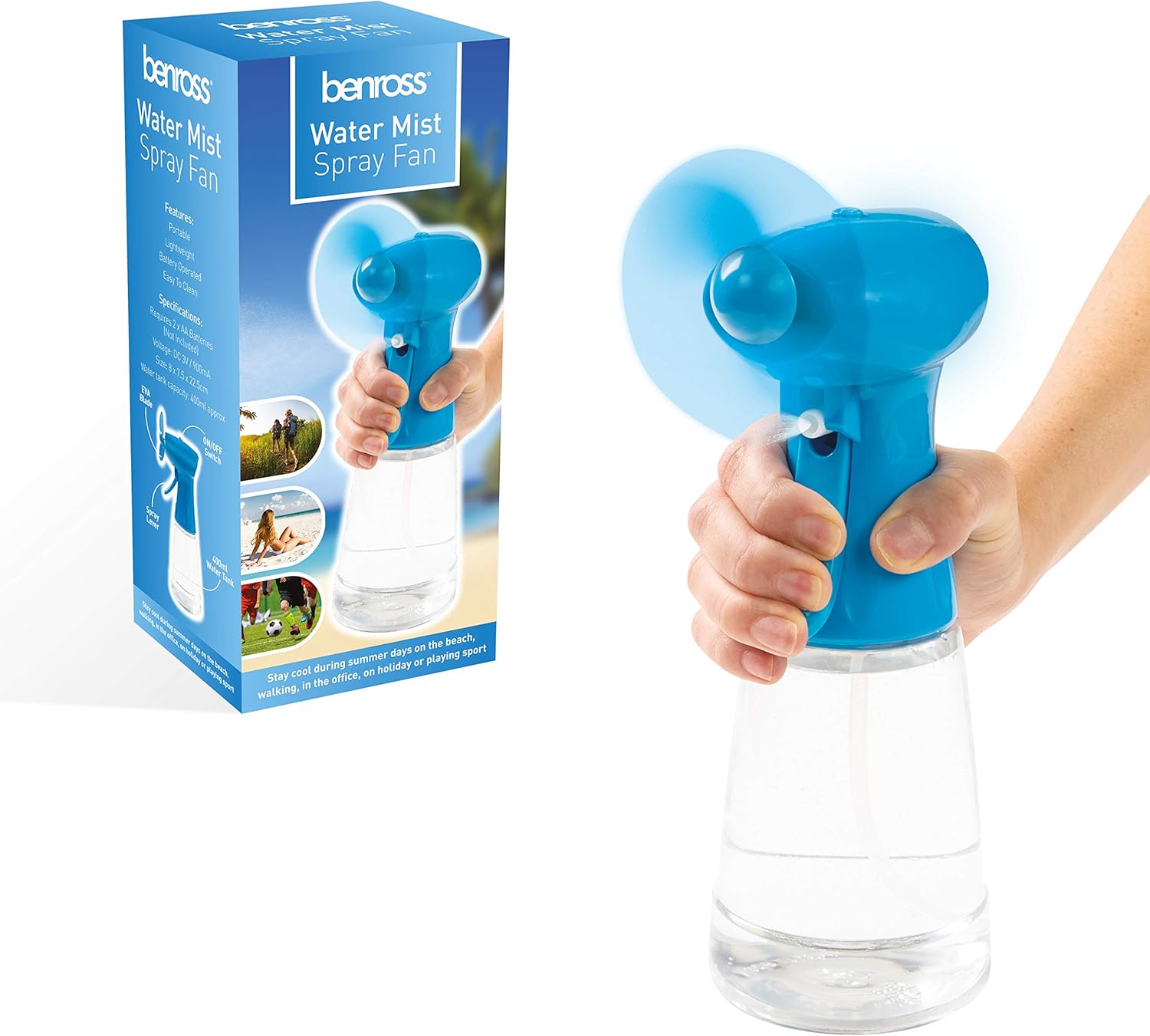 Benross 40239 Water Mist Spray FanHandheld Cooling DevicePortable For Holidays, Beach Trips, Sports Events, Office Use & Travel UseBlue Colour