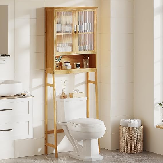 BAMBANG Over The Toilet Storage Cabinet, Bamboo Bathroom Over Toilet Organizer with Adjustable Shelves and Double Doors, Above Toilet Storage Cabinet, Natural