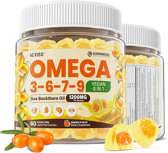 Omega 3 6 7 9 Gummies, Sea Buckthorn Oil 1200MG & Flaxseed Oil 500MG, 60 Ct