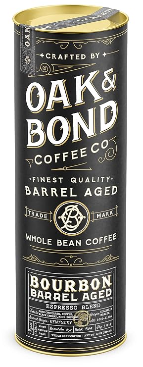 Espresso Bourbon Barrel Aged Coffee, Colombia & Brazil Blend, Whole Bean Arabica, Dark Roast w/Chocolate, Black Cherry, Toffee, Rich Kentucky Bourbon & Oak Flavors by Oak & Bond Coffee Co. 10oz.