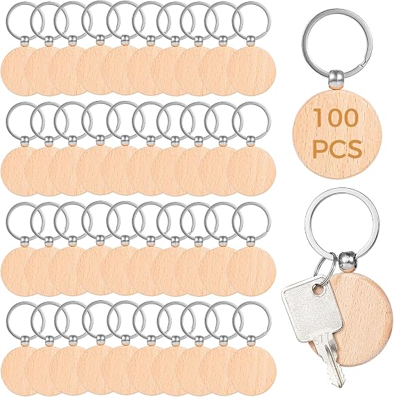 100Pcs Wooden Keychain Blanks,Round Wood Tags Finely Polished, Blank Wood Keyrings for Personalized DIY Crafts, Christmas Pendants, Wall Hangings, Bag Decorations, Pet Tags