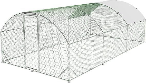 Walk in Chicken Run, Large Metal Chicken Coop, Dome Poultry Cage with 4 Corner Reinforcement Ribs, Pet Playpen for 15-21 Chickens, Hens, Ducks, Rabbits, 9.8 w x 19.7 l x 6.6 h Ft, Silver