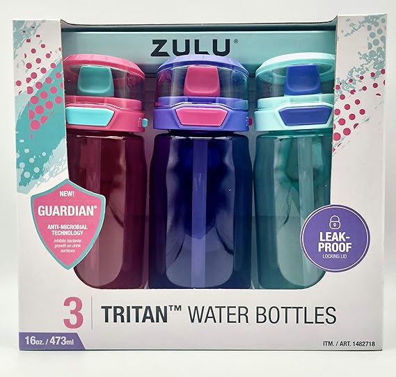 ZULU 3 Tritan Water Bottles Flex 3 Pack Pink,Purple and Mint 16 OZ