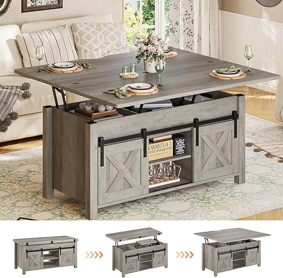 SEDETA Farmhouse Lift Top Coffee Table with Storage and Hidden Compartment | 4 in 1 Multi-Function Convertible Coffee Tables Converts to Dining Table for Small Living Room, Grey