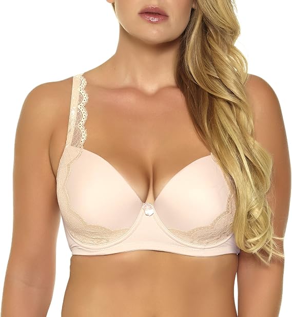 Women Black/Beige Lace Stitch Bra (34F, Beige)