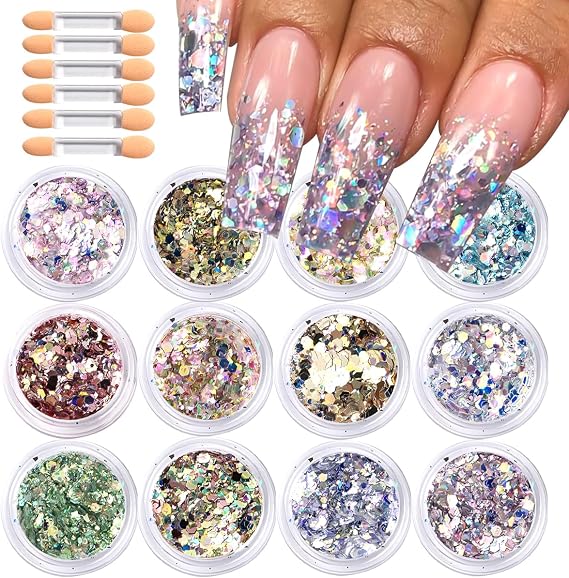 Holographic Chunky Nail Glitter,12 Colors Iridescent Glitter Mermaid Nail | Art Sequins,Sparkly 3D Flakes Slice Nail Art Powder Gel Polish Paillette for Crafts, Resin, Nails, Body, DIY Party Decoration