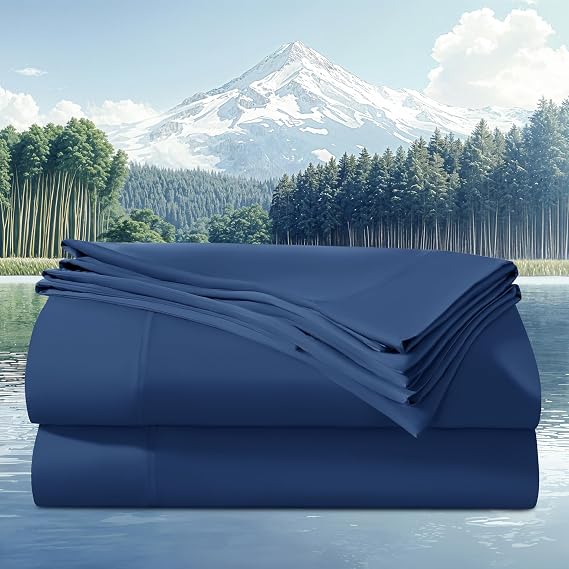 100% Viscose Derived from Bamboo_Sheets King Size 4pcs, Cooling & Breathable Bed Sheets for Hot Sleepers, Hotel Luxury Silky Bedding Sheets, 16" Deep Pocket(Navy Blue)