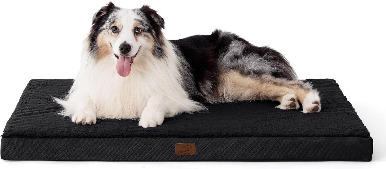 Bedsure Extra Large Dog Bed Washable - Orthopedic Dog Pillow and Mattress Mat for Dog Crate with Removable Plush Sherpa Cover, Black, 104x74x9cm