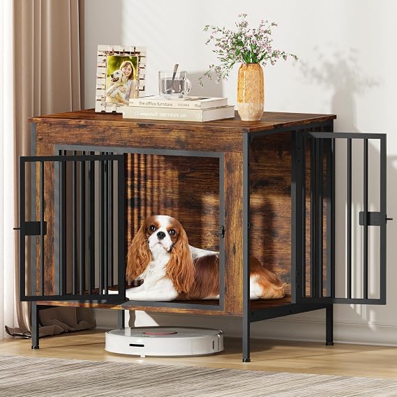 EasyCom 28.15" Dog Crate Furniture for 1 or 2 Dogs, Brown | Fits Dogs 020 lbs, Heavy Duty Indoor Kennel, Works as TV Stand for Small Pets