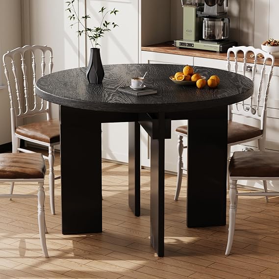 Rophefx 44.9" Round Dining Table for 4-6, Farmhouse Kitchen Table, Black | Modern wood table seats 4 to 6, with adjustable foot pads for stability in dining rooms, kitchens, or breakfast areas