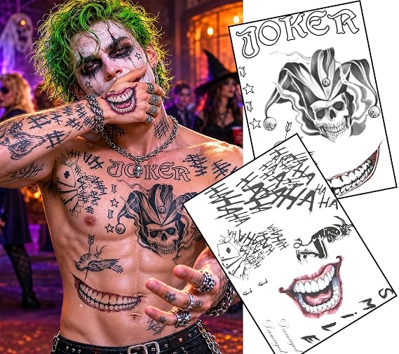 Gangster Clown Villain Temporary Tattoos 2 x A4 Sheets Face, Hand, Chest & Body Tattoos for Halloween Costume, Cosplay & Fancy Dress Comic Book Villain