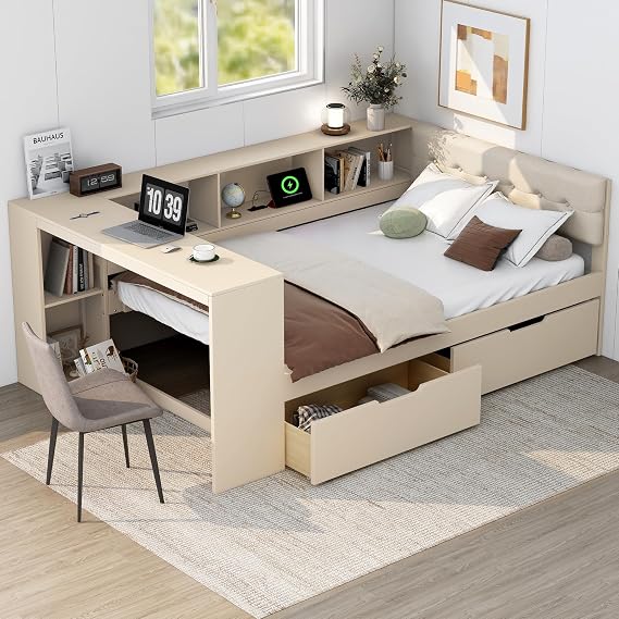 Bellemave Full Size Corner Bed Frame with Storage Drawers and Desk,Captain Daybed with L-Shaped Bookcase,Corner Bed Frame Full Size with Charging Station for Kids,Teens,Guests,Cream