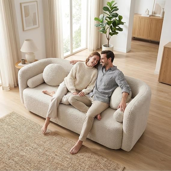 69" Compact Curved Sofa for Small Spaces & Apartments, Japandi Style Boucle Couch, Minimalist 2-Seater Sofa with Solid Wood Frame, Modern Living Room Couch with Pillows