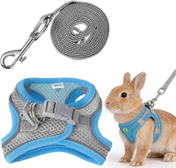 Bunny Harness and Leash Set Breathable Pet Rabbit Harness and Leash Set Soft Rabbit Leashes Reflective Strips Jacket Escape-Proof Walking Gear for Rabbits, Small Kitten, Puppy, Guinea Pigs (Blue, XXS)