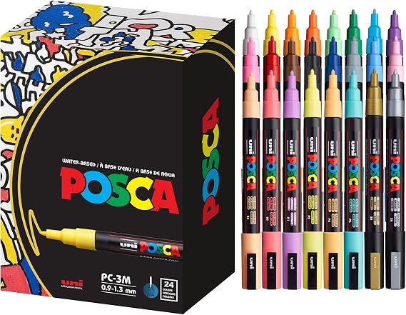 posca Paint Markers, 3M Fine Point Acrylic Paint Pens with Reversible Tips, Art Supplies For Gifts, Decorations, Fabric, Metal, Glass, Wood and Canvas, Set of 24