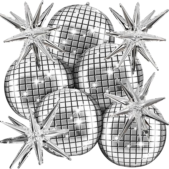 OuMuaMua Disco Ball Balloons for 70s Disco Party Decor, 22 Inch Large 4D Metallic Silver Disco Balloons with Stars Balloon for Themed Party, Birthday New Year Christmas Decor 9pcs