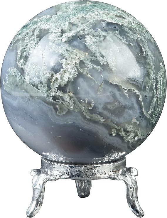 Crocon 45mm Moss Agate Stone Sphere Ball with Metal Stand Crystals Ball