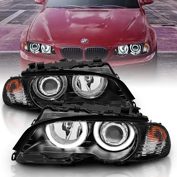 AmeriLite for 1999-2001 BMW 3 Series E46 323Ci 328Ci 325Ci 330Ci M3 Coupe w/Halos Projector Black Headlights Corner Lamp Set - Passenger and Driver Set