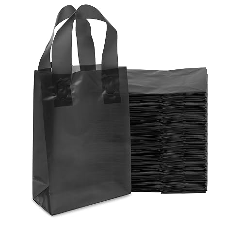 Prime Line Packaging Plastic Gift Bags, Shopping Tote Bags with Handles for Small Business, Black Frosted, Retail, Boutiques, To Go, Party, 6x3x9, 50 Pack