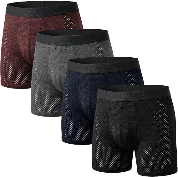 Hellomamma Men's Long Boxer Shorts: Anti Chafing Underwear Trunks for Men - Moisture Wicking Breathable Cool Ice Silk Mesh Stretch Boxers for Sports Running Gym Multipack 4 Pack
