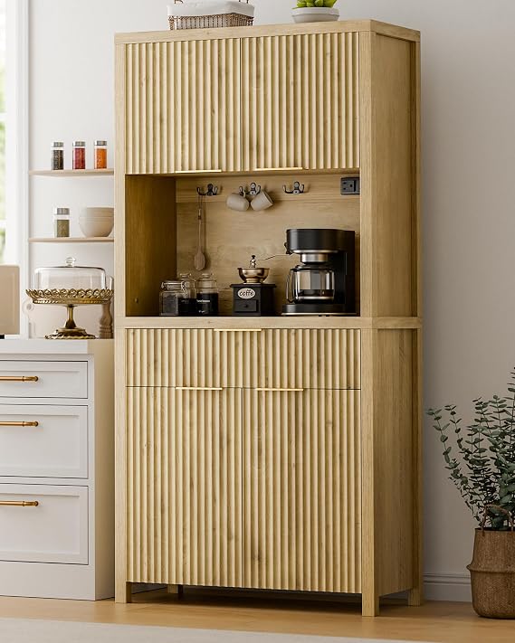 Lulive 71" Fluted Pantry Cabinet with Charging Station, Natrual | Adjustable Shelves, Open Countertop, Drawer, Spacious Kitchen Storage