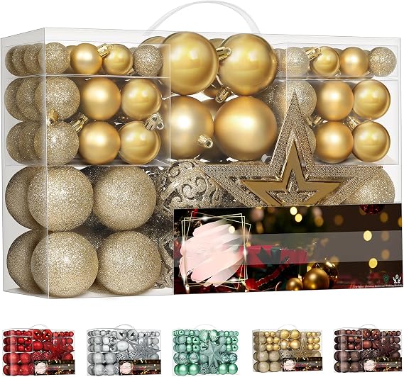 101 Piece Christmas Balls Ornaments Luxury Set Xmas Tree Topper and Hang Rope, Emopeak Christmas Baubles - Shatterproof Mini Holiday Balls for Christmas Decorations, Gold