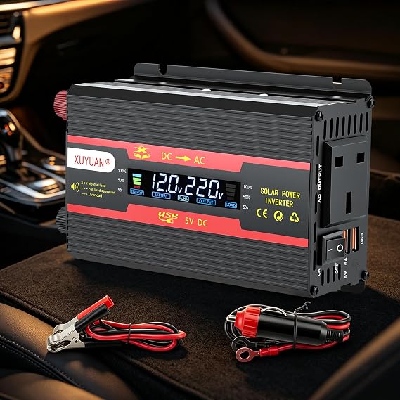 3000W Peak Power Inverter 12V/24V to 240V AC, Dual USB 5A Fast Charge, UK AC Sockets, Smart Colour Display, Auto Voltage Switch, 8 Protections for Car Truck Van Boat
