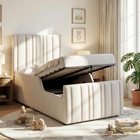 3ft Upholstered Single Bed Frame Ottoman Bed with Hydraulic Storage, Storage Beds Single Beds with Upholstered Headboard and Wooden Slat, 90x190 cm, Linen, Beige, No Mattress