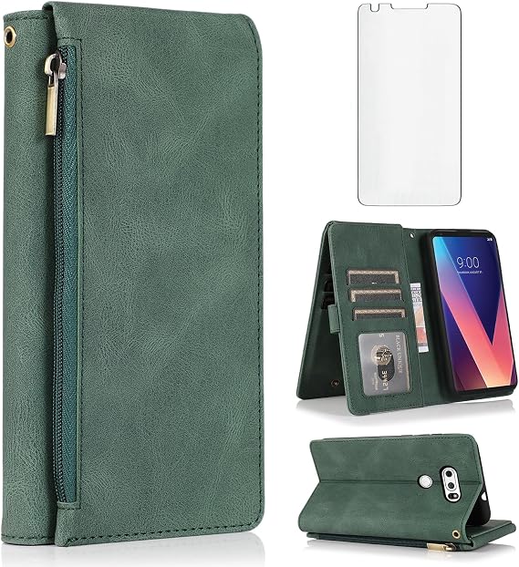Compatible with LG V35 ThinQ V30 Plus Wallet Case Tempered Glass Screen Protector Zipper Leather Flip Cover Card Holder Accessories for LGV30 LGV35 LG30 LG35 V 30 35 V30+ V30s H931 Women Men Green