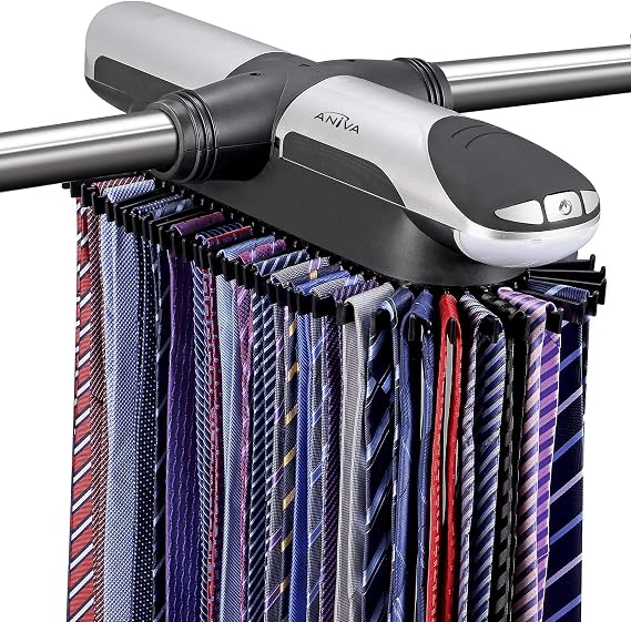 Motorized Tie Rack Closet Organizer with LED Lights Includes J Hooks for Wired Shelving Stores Up to 72 Ties & 8 Belts, Operates with Batteries