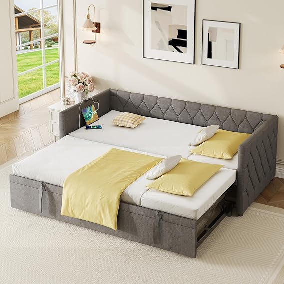 Daybed with Pull out Trundle Bed and USB & Type C Charging Sations, 3FT Single Functional Upholstered Bed 90x190 cm, Guest Sofa Beds Youth Beds For Adults Kids Teenagers, Linen, Grey, No Mattress