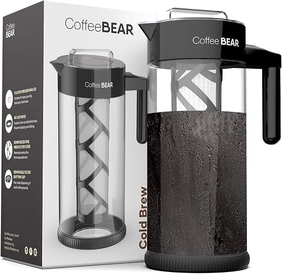COFFEE BEAR Panda soğuk demlenmiş kahve için kahve makinesi – 1,3 l cam sürahi kolay temizlenir, tekrar kullanılabilir kumaş filtreli ve kaymaz tabanlı